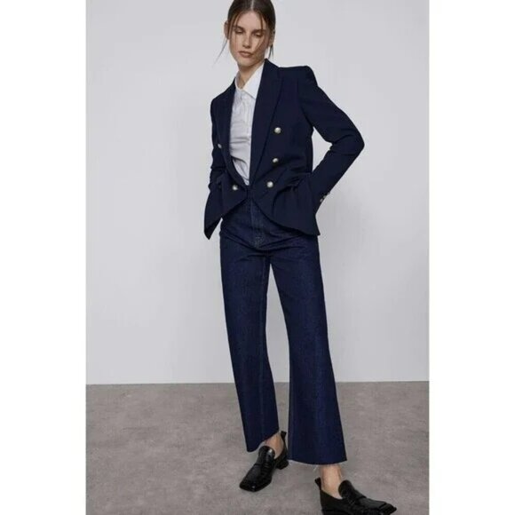 Zara Cropped 90s Jeans 2 High Rise Waist Raw Frayed Hem Dark Wash Blue Denim NEW - Picture 12 of 12